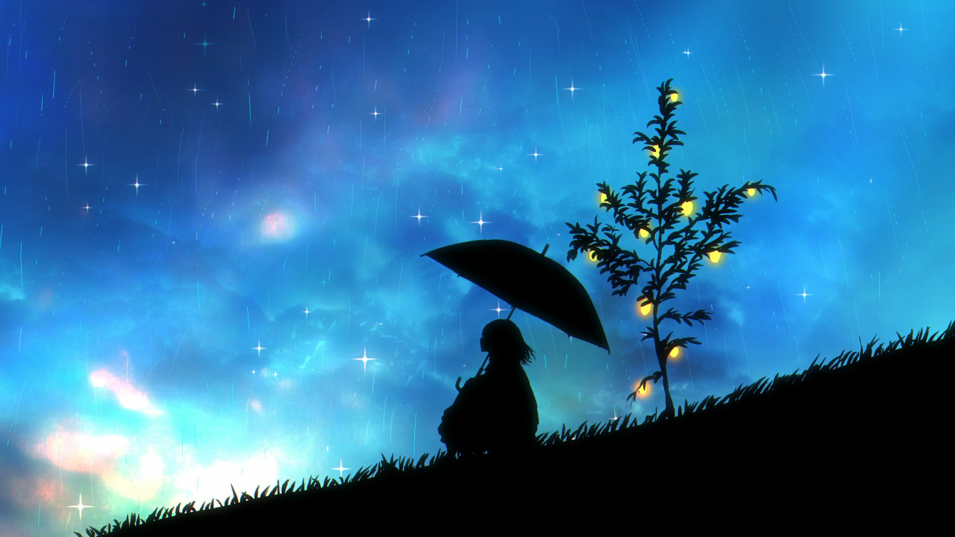 Anime-style HD desktop wallpaper featuring a silhouette of a person holding an umbrella under a starry sky beside a glowing tree on a grassy hill.