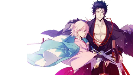 HD anime desktop wallpaper featuring Okita Souji, Sakura Saber, and Hijikata Toshizō from Fate/Grand Order, showcasing dynamic character designs from the Fate series.