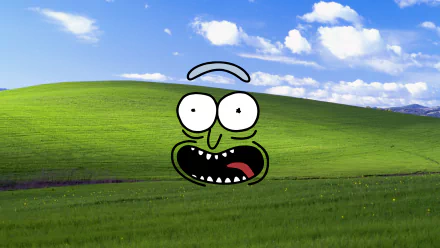 Ultra HD wallpaper featuring Rick Sanchez's animated face superimposed on a classic grassy hill background from the TV show Rick and Morty.