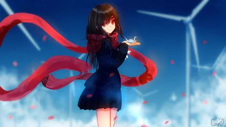 HD anime desktop wallpaper featuring Ayano Tateyama from Kagerou Project, with vibrant red scarf and wind turbines under a clear blue sky.