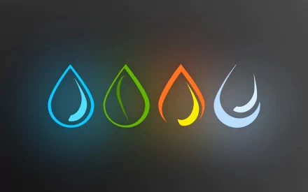 Artistic elemental water drop icons in blue, green, orange, and white on a dark background, designed as an HD PC desktop wallpaper and background.