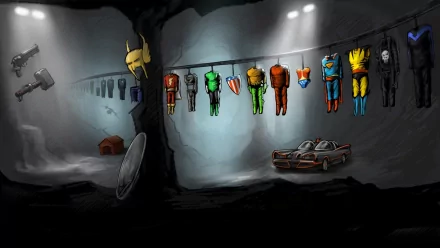 A vibrant HD collage featuring iconic comic characters like Mjölnir, Aquaman, Nightwing, Punisher, Wolverine, Superman, Wonder Woman, Green Lantern, Hawkman, and Shazam.