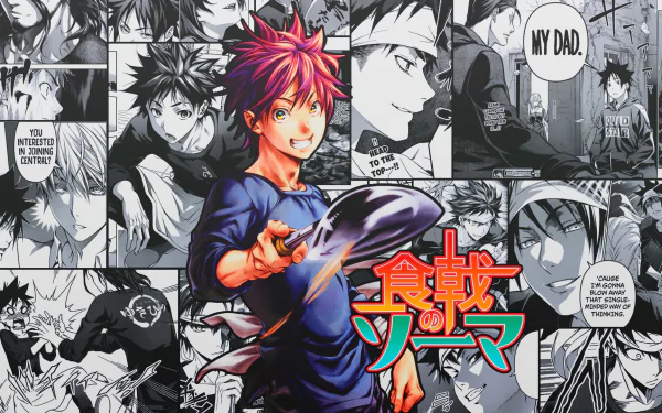 HD PC desktop wallpaper featuring Sōma Yukihira from the anime Food Wars: Shokugeki no Soma, with dynamic color overlay on a black-and-white manga background.