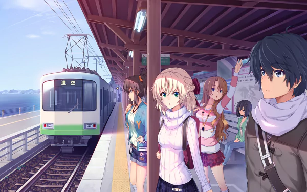 Anime-style HD desktop wallpaper featuring a group of characters waiting on a train platform, inspired by Memories Off with a scenic train and soft lighting.