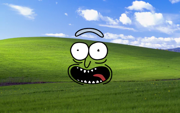Ultra HD wallpaper featuring Rick Sanchez's animated face superimposed on a classic grassy hill background from the TV show Rick and Morty.