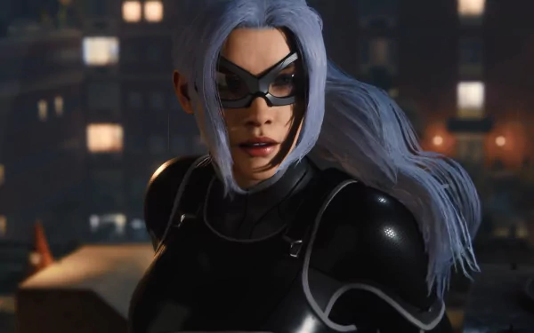 HD PC desktop wallpaper featuring Black Cat from the Spider-Man (PS4) video game, depicted with silver hair and a sleek black suit against a nighttime city backdrop.