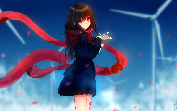 HD anime desktop wallpaper featuring Ayano Tateyama from Kagerou Project, with vibrant red scarf and wind turbines under a clear blue sky.