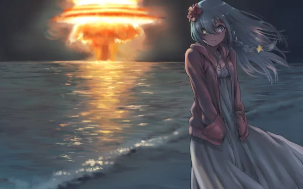 Anime Virtual YouTuber 2K Quad HD desktop wallpaper - melancholic VTuber girl in a dress and cardigan stands on a reflective shore as a distant mushroom cloud glows.