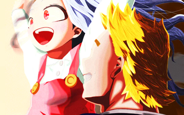 HD desktop wallpaper featuring anime characters Mirio Togata and Eri from My Hero Academia in a vibrant, dynamic scene.