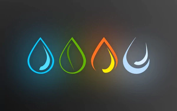 Artistic elemental water drop icons in blue, green, orange, and white on a dark background, designed as an HD PC desktop wallpaper and background.