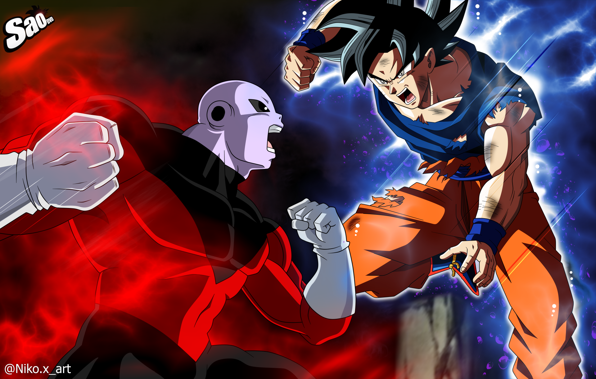 5K Ultra HD Dragon Ball Super wallpaper: Ultra Instinct Goku clashes with Jiren amid electric blue aura and crimson energy, anime PC desktop background.