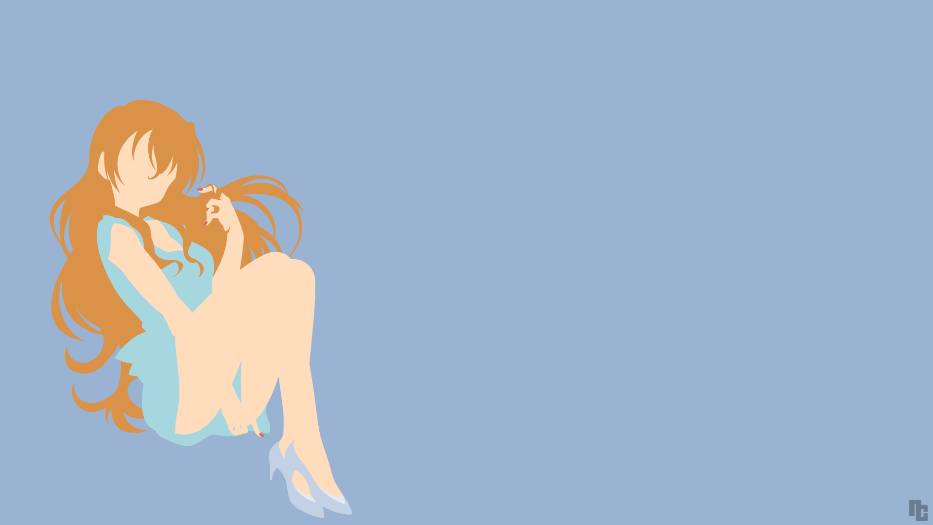 HD PC desktop wallpaper featuring Kaga Kouko from the anime Golden Time with a minimalist blue background and soft orange hair accents.