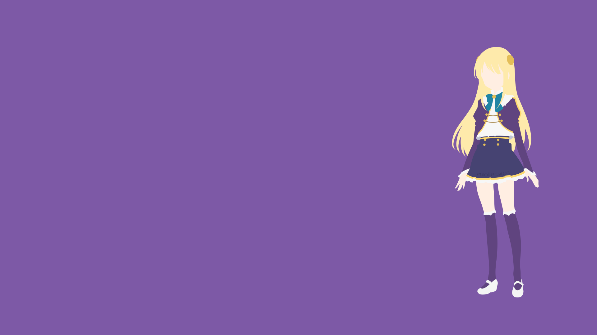 4K Ultra HD PC desktop wallpaper: Yumina Urnea Belfast from the anime In Another World With My Smartphone — blonde girl in purple outfit at right on a solid purple background.