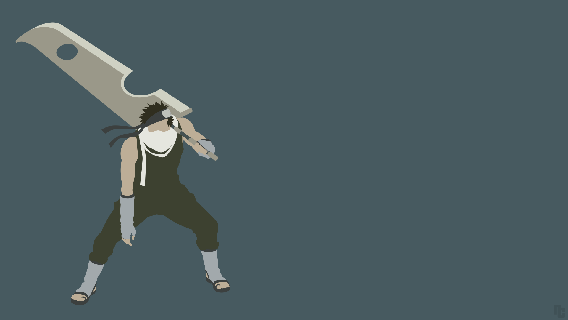 Minimalist 4K Ultra HD PC desktop wallpaper of Zabuza Momochi from the Naruto anime, flat-style art of him crouched with his oversized sword against a muted slate-blue background.