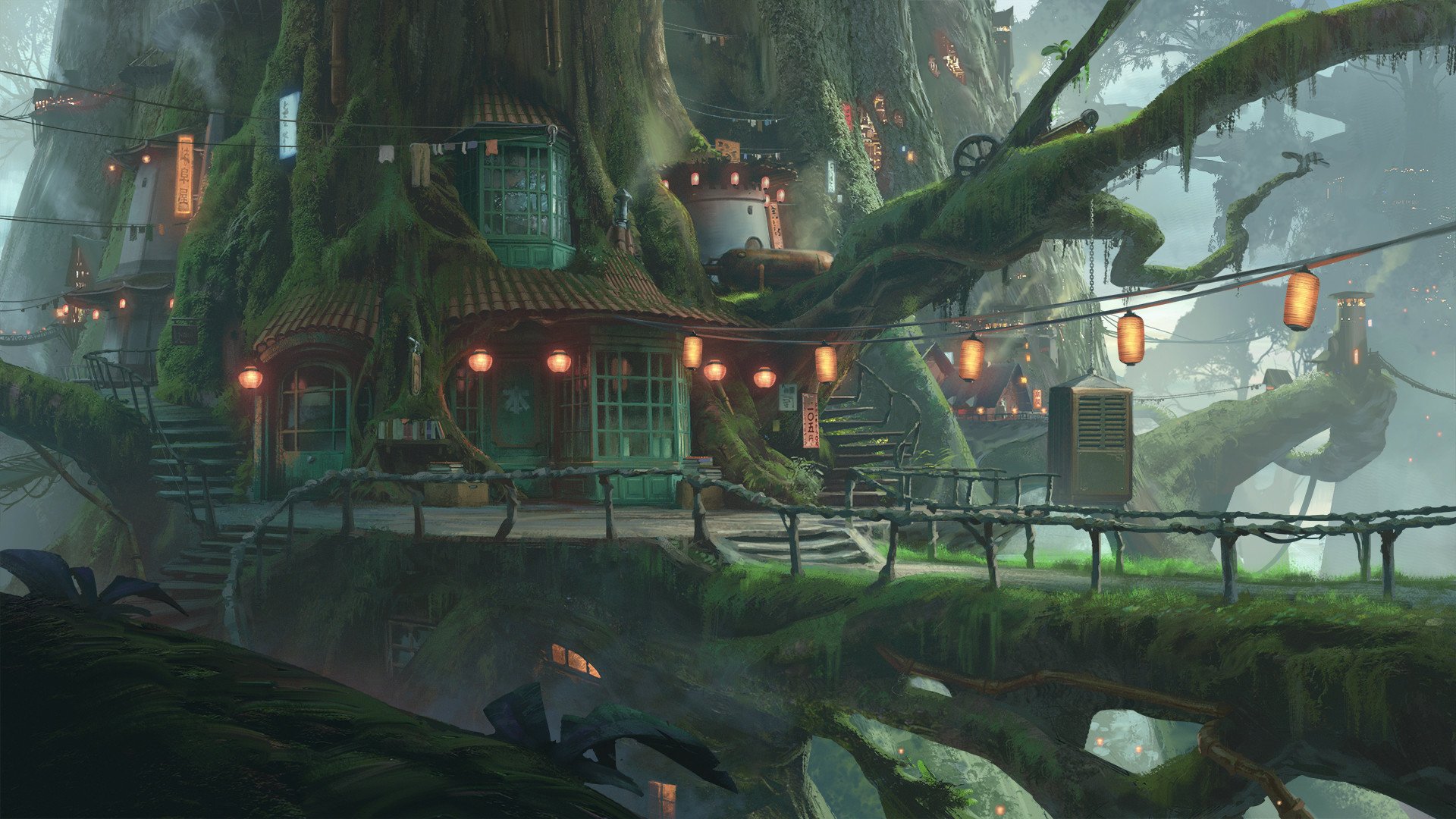 A vibrant fantasy city built into a massive tree, featuring charming illuminated structures and winding pathways, creating an enchanting and immersive atmosphere. HD PC desktop wallpaper.