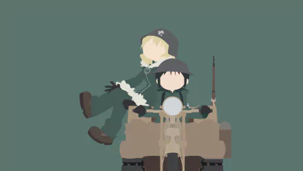 Minimalist 4K Ultra HD anime wallpaper featuring Yuuri and Chito from Girls' Last Tour riding a motorcycle against a muted green background.