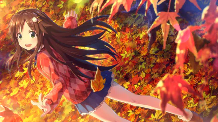 HD desktop wallpaper featuring Yuki Himekawa from The iDOLM@STER Cinderella Girls, surrounded by vibrant autumn leaves in an anime-style illustration.