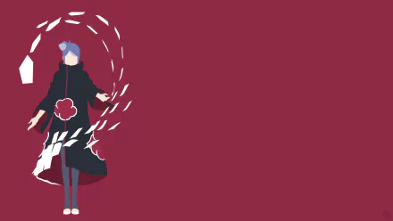 Konan from Naruto anime depicted in minimalist style with paper elements on a solid maroon background, designed as a 4K Ultra HD PC desktop wallpaper.