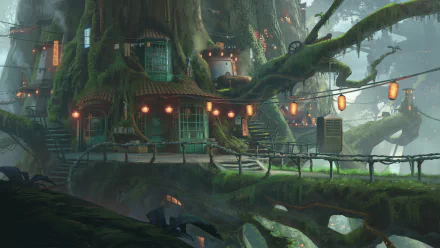 A vibrant fantasy city built into a massive tree, featuring charming illuminated structures and winding pathways, creating an enchanting and immersive atmosphere. HD PC desktop wallpaper.