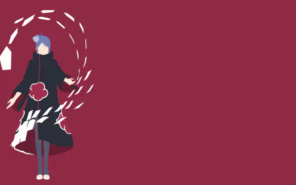 Konan from Naruto anime depicted in minimalist style with paper elements on a solid maroon background, designed as a 4K Ultra HD PC desktop wallpaper.