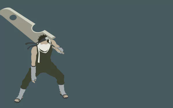 Minimalist 4K Ultra HD PC desktop wallpaper of Zabuza Momochi from the Naruto anime, flat-style art of him crouched with his oversized sword against a muted slate-blue background.