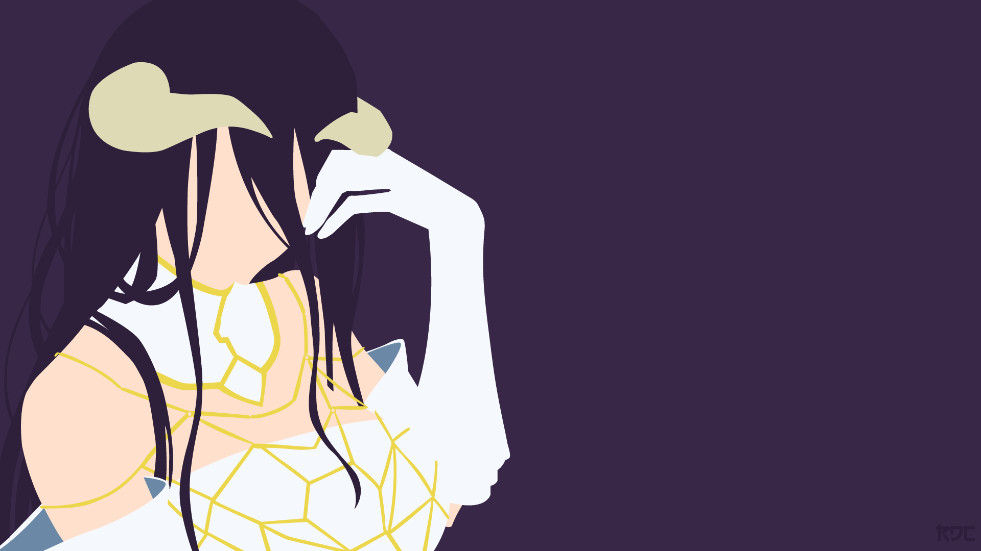 Minimalist HD PC desktop wallpaper of Albedo from the anime Overlord, featuring a stylized close-up with dark and gold tones.