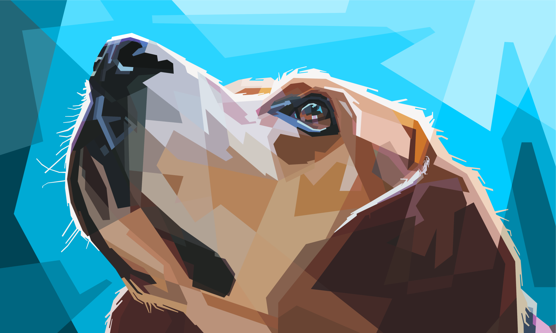 Artistic polygonal dog (animal) portrait in vivid blues and warm browns, 4K Ultra HD PC desktop wallpaper and background.