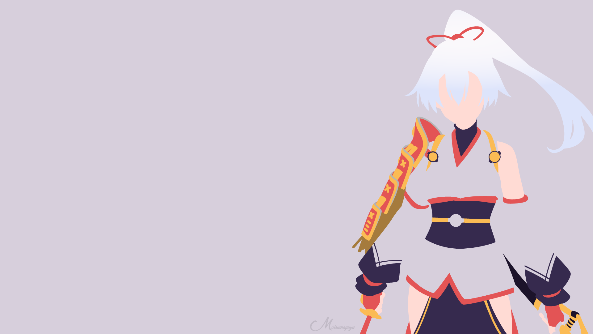 Minimalist HD desktop wallpaper featuring white-haired Tomoe Gozen from Fate/Grand Order, styled in clean anime design with subtle details on a soft gray background.