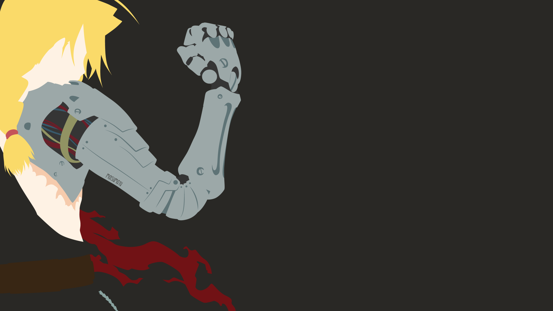 Minimalist 4K Ultra HD anime wallpaper featuring Edward Elric from Fullmetal Alchemist with his automail arm raised against a dark background.