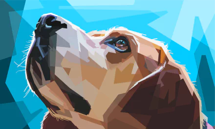 Artistic polygonal dog (animal) portrait in vivid blues and warm browns, 4K Ultra HD PC desktop wallpaper and background.