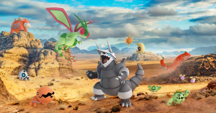4K Ultra HD Pokémon Go desktop wallpaper: desert landscape featuring Aggron front and center with Flygon, Trapinch, Aron, Camerupt, Whismur, Cacnea, Groudon, Lunatone and Solrock.