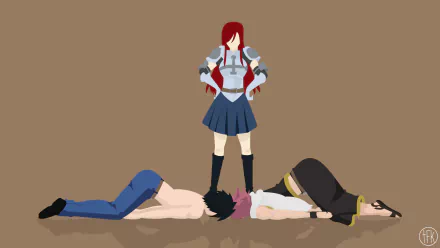 Fairy Tail anime HD PC desktop wallpaper: Erza Scarlet stands hands on hips while Gray Fullbuster and Natsu Dragneel lie face-down against a simple brown background.