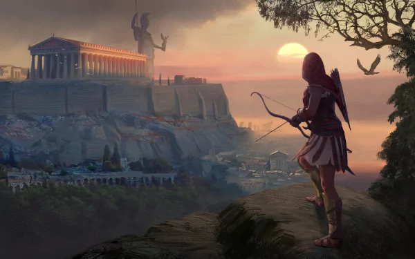 HD PC wallpaper of a female archer warrior from Assassin's Creed Odyssey aiming her bow at a sunset-lit ancient cityscape with classical temples and statues.