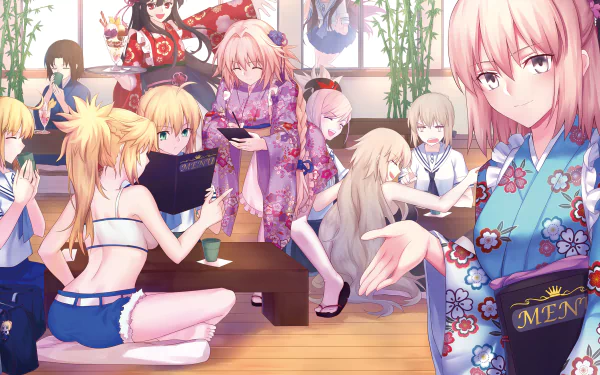 Anime characters from Fate/Grand Order series, including Shiki Ryougi, Ishtar, Nobunaga Oda, and others, wearing casual and traditional outfits, gathered inside a beautifully decorated room.