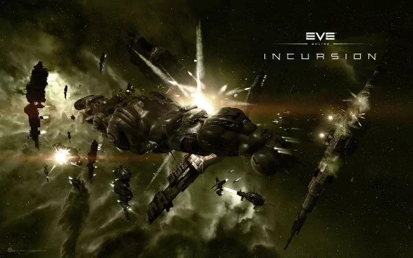 HD PC desktop wallpaper featuring a starship from the sci-fi video game EVE Online, set in deep space during an intense battle scene from the Incursion expansion.