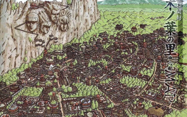A detailed HD desktop wallpaper featuring a vibrant landscape from the anime Naruto, showcasing the Hidden Leaf Village with lush greenery and iconic mountain faces.