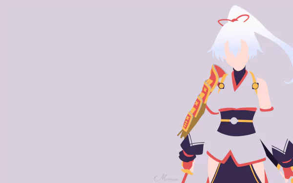 Minimalist HD desktop wallpaper featuring white-haired Tomoe Gozen from Fate/Grand Order, styled in clean anime design with subtle details on a soft gray background.