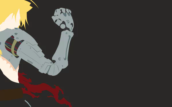 Minimalist 4K Ultra HD anime wallpaper featuring Edward Elric from Fullmetal Alchemist with his automail arm raised against a dark background.