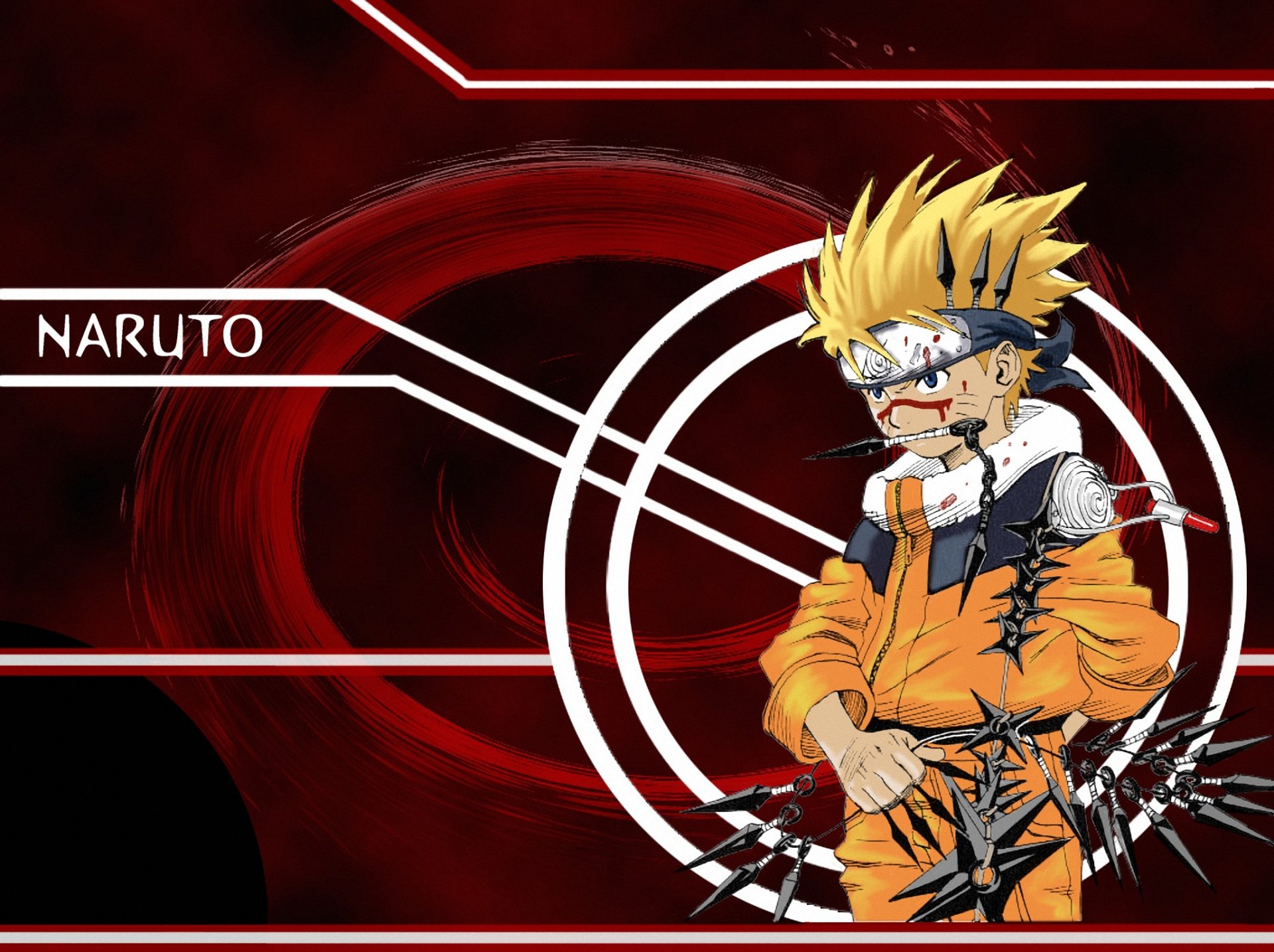 HD PC desktop wallpaper featuring Naruto Uzumaki from the anime Naruto, set against a dynamic red and black background with stylized circular and line elements.