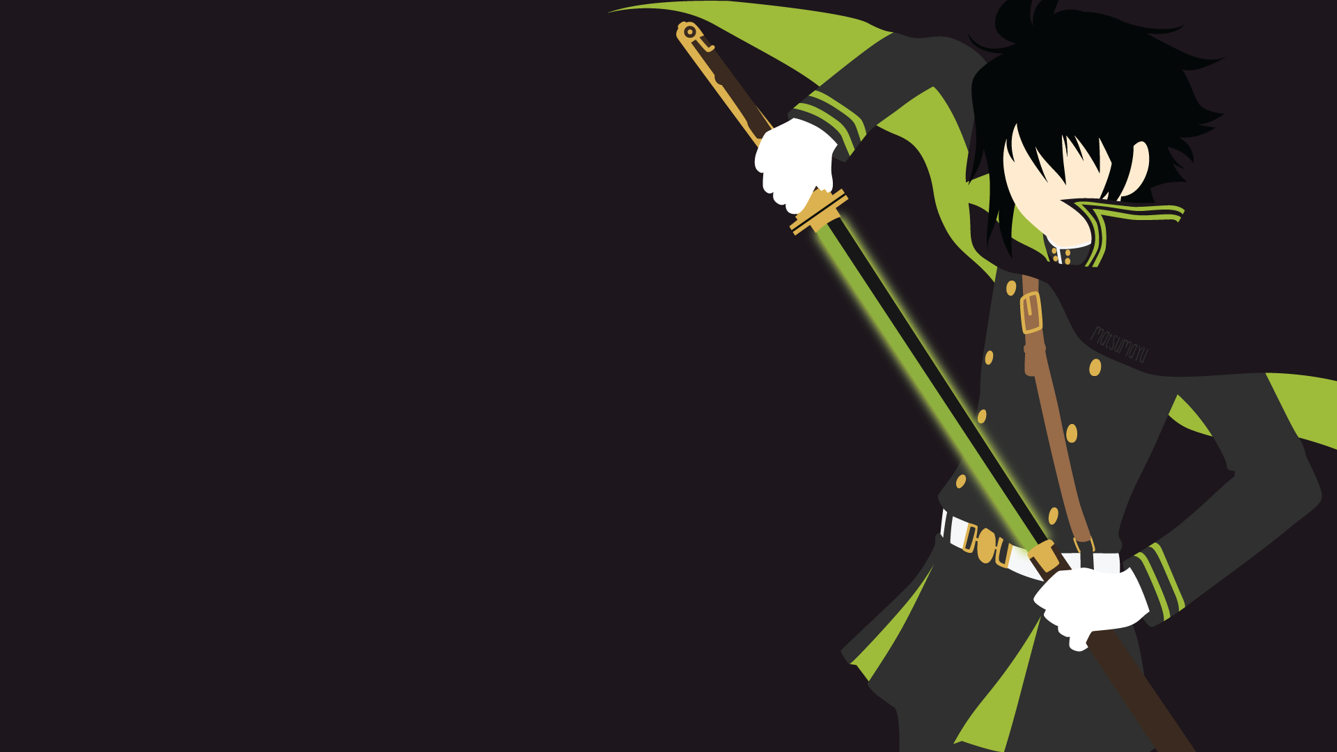 HD anime wallpaper of Yūichirō Hyakuya from Seraph of the End, featuring him holding a glowing sword against a dark background.