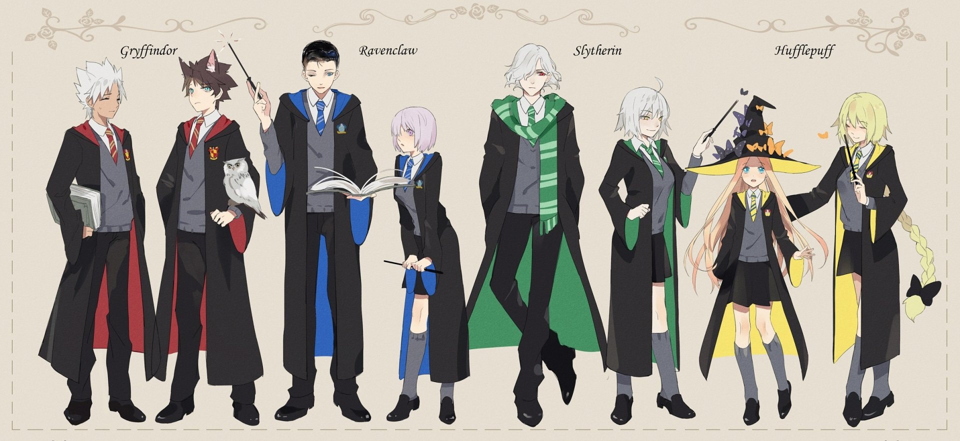 HD PC desktop wallpaper of Fate/Grand Order characters: Fujimaru Ritsuka (Male), Mashu Kyrielight, Jeanne d'Arc, Jeanne d'Arc Alter, Abigail Williams, Sherlock Holmes, Antonio Salieri, and Shirou Tokisada Amakusa in school robes.