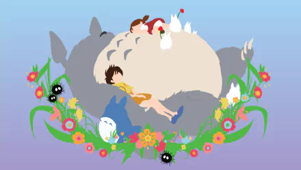 Anime HD PC desktop wallpaper featuring Totoro (My Neighbor Totoro) with sleeping children, soot sprites and a ring of flowers on a soft gradient background.
