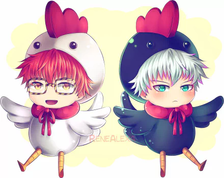 Chibi Anime Mystic Messenger desktop wallpaper: two chicken-costumed characters — red-haired bespectacled smiling on left, silver-haired pouting on right, colorful HD PC background.