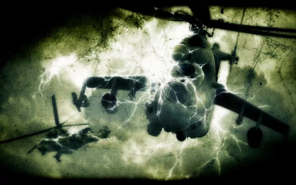 A dramatic HD wallpaper featuring helicopters amidst stormy skies, inspired by the atmosphere of S.T.A.L.K.E.R.: Call of Pripyat and the S.T.A.L.K.E.R. video game series.