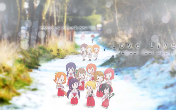 Chibi-style Love Live! characters including Erena Todo, Anju Yuuki, and others stand on a snowy path in this HD anime desktop wallpaper background.