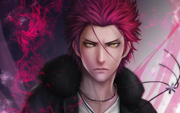 HD PC desktop wallpaper of Mikoto Suoh (K Project) — intense red-haired anime portrait with piercing yellow eyes, fur-collared coat and swirling crimson flames.