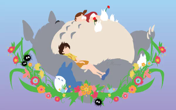 Anime HD PC desktop wallpaper featuring Totoro (My Neighbor Totoro) with sleeping children, soot sprites and a ring of flowers on a soft gradient background.