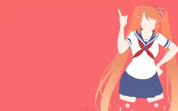 HD PC desktop wallpaper of Osana Najimi from the Yandere Simulator video game: minimalist vector portrait of a long-haired schoolgirl in a sailor uniform on a coral background