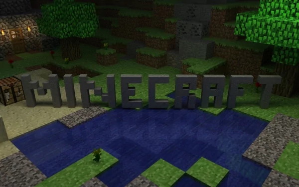HD desktop wallpaper featuring the Mojang video game Minecraft, with the game's logo constructed from in-game blocks beside a serene water scene.