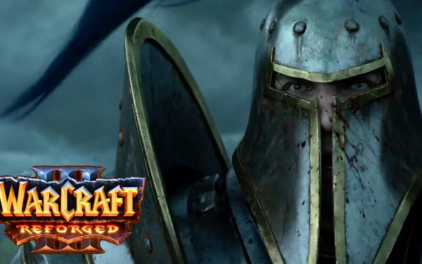 HD desktop wallpaper of Warcraft III: Reforged featuring a close-up of a knight in battle armor with intense eyes.